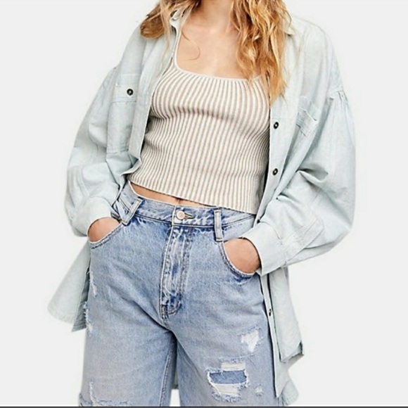 NWT Free People Cardiff Indigo Railroad Stripe Oversized Shirt/Jacket - Picture 6 of 15
